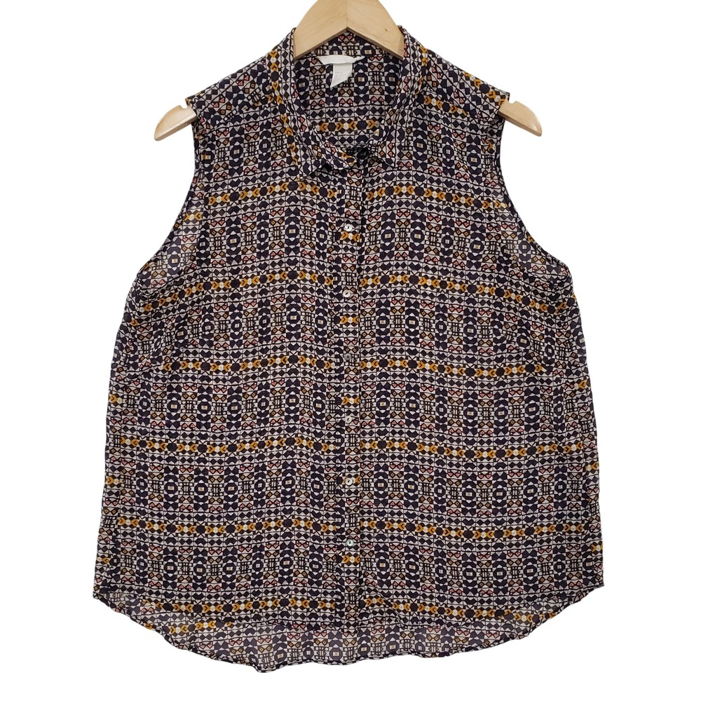 HM Sleeveless Geometric Tribal‎ Print Button Down Blouse Navy Mustard Size 14